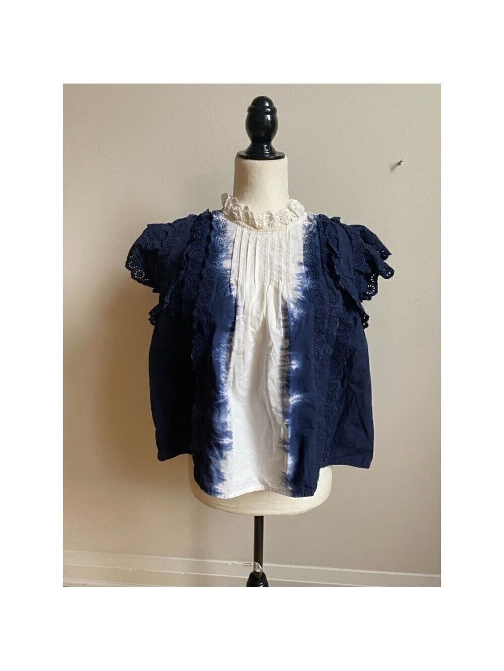 sea "Evelyn" Cotton Tie Dye Blouse Top New Blue White Eyelet Lace Ruffles - Picture 2 of 8